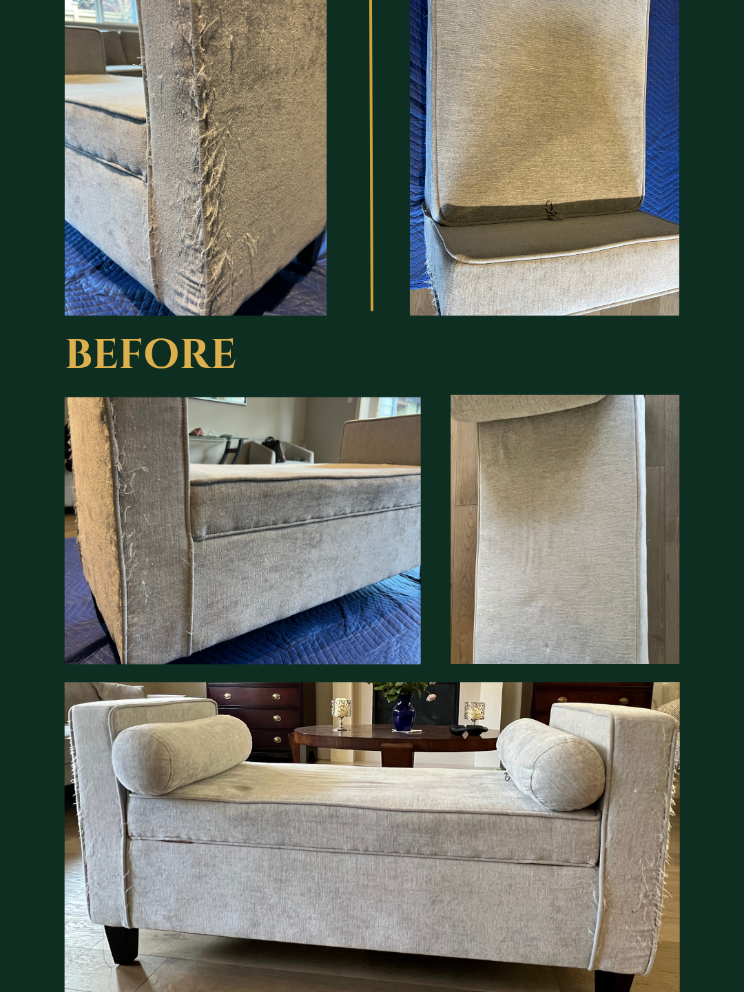 Bench ottoman upholstery — before deep clean showing heavy soiling