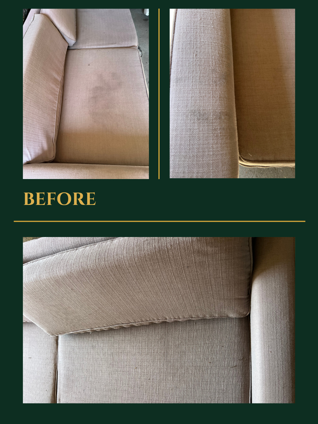 Fabric sofa seat cushion — before professional upholstery cleaning Vancouver