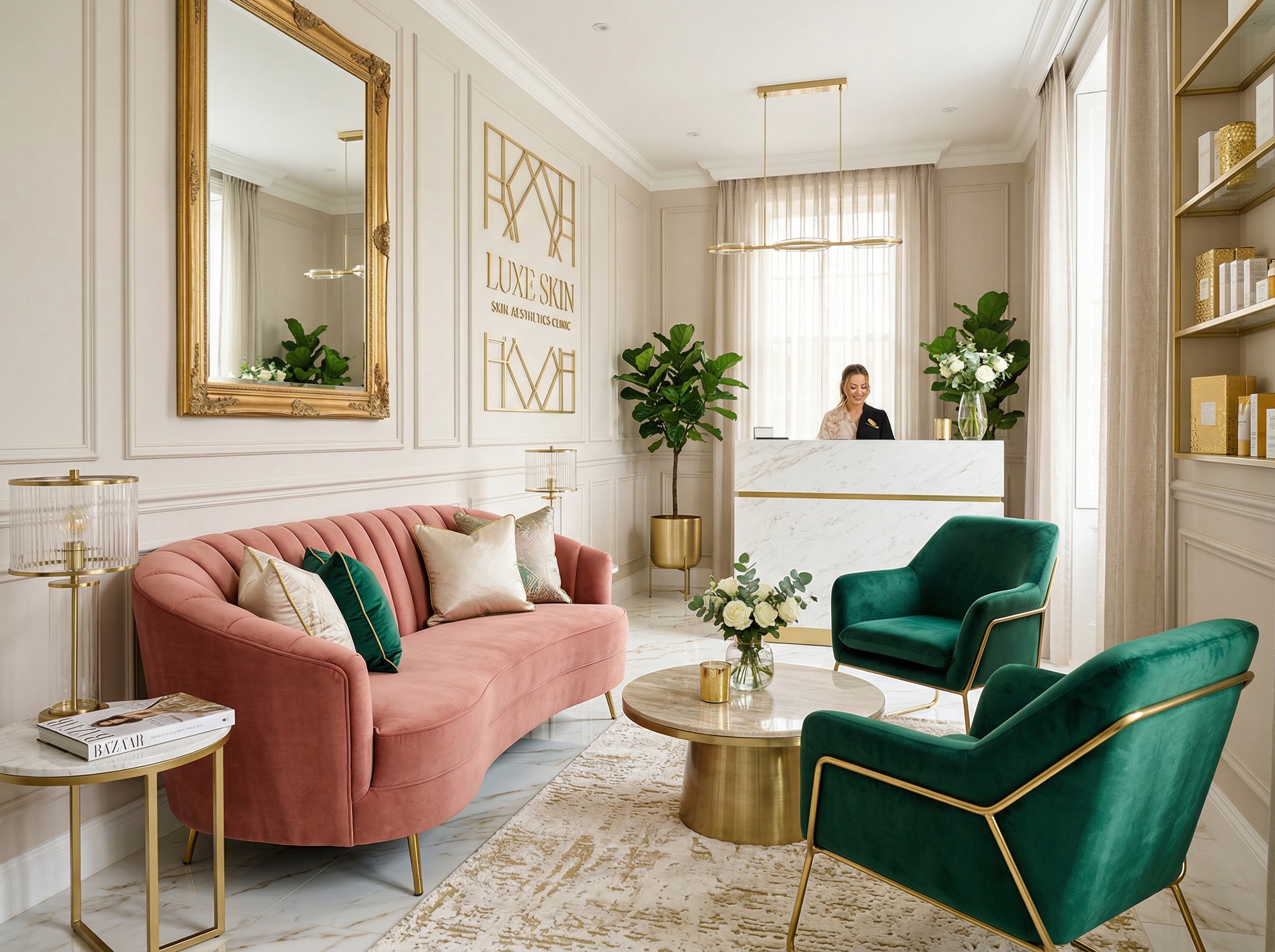 Luxury clinic reception area with pink sofa and green chairs
